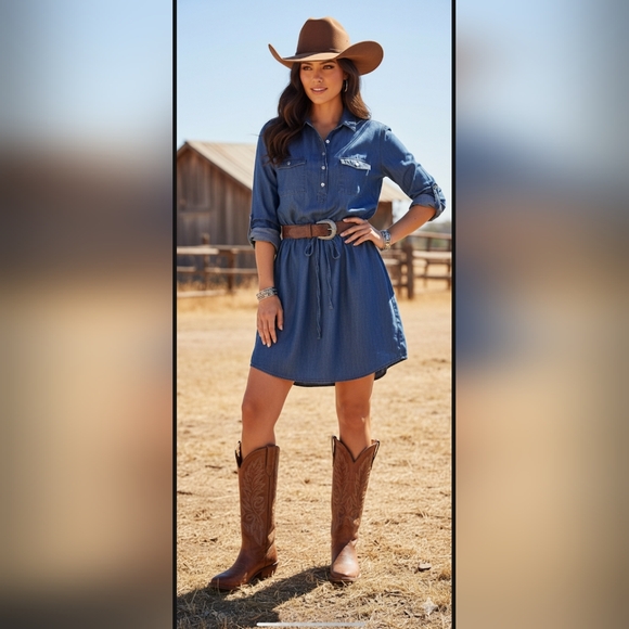 Dark Chambray Ashleigh Long Roll Tab Sleeve Soft Lyocell Dress Women size Large - Picture 1 of 16